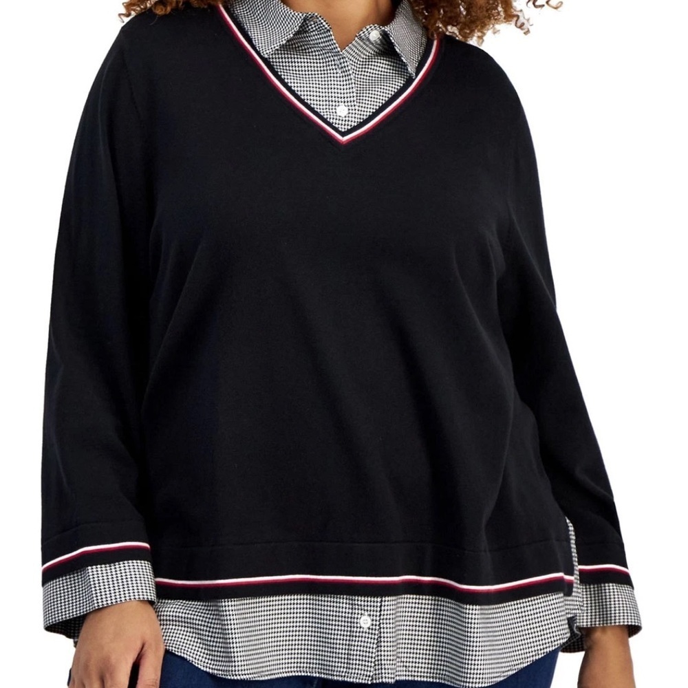 Tommy Hilfiger Black V-Neck Sweater with Red and White Trim